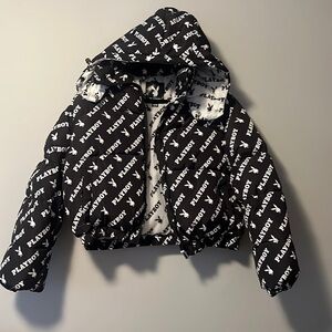 black and white cropped playboy puffer jacket